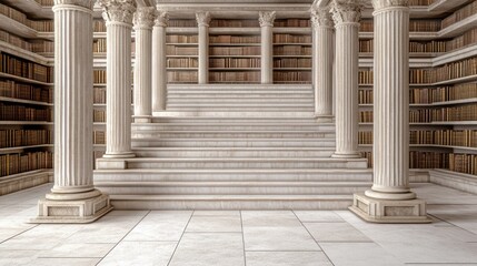 Fototapeta premium A grand, classical library interior with towering marble columns, extensive bookshelves filled with aged tomes, and a central staircase leading to an elevated platform