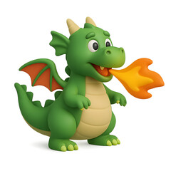 Fototapeta premium Cartoon Green Dragon Spitting Fire Digital Art Illustration Transparent Background