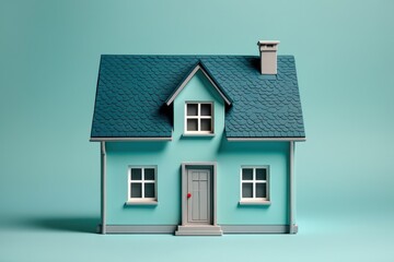 Compact two-story house with blue walls, three white-framed windows, gray front door, and shingled roof with chimney on a plain teal background