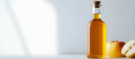 A bottle of apple cider vinegar with a cork stopper and an apple and a sliced apple on a white surface