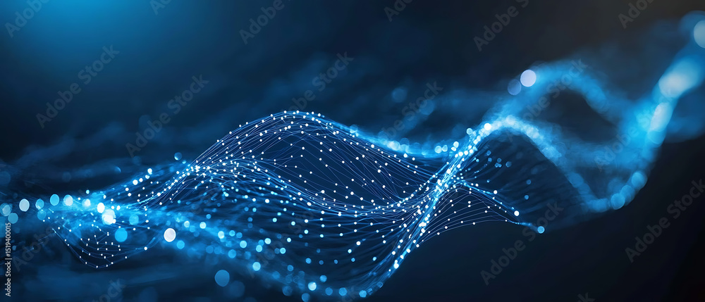 Poster blue background with futuristic digital technology and circuit board elements. the design is compose