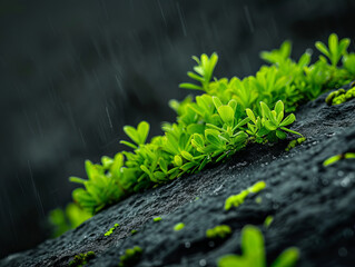 Lush green plants thriving on rocky surface, showcasing nature resilience in rainy environment