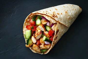 Overhead shot of a delicious chicken wrap filled with fresh vegetables and savory ingredients,