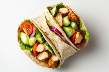 Close-up showcases two appetizing wraps filled with grilled meat and fresh vegetables, presented on