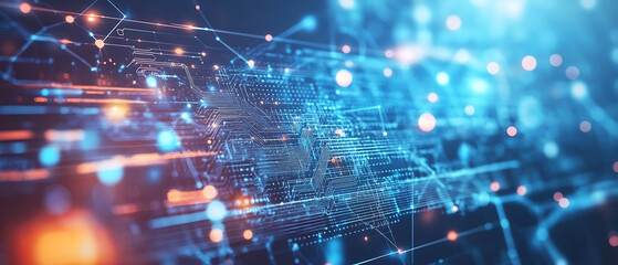 Blue background with digital technology and circuit board patterns, representing advanced data analysis in the financial industry. 