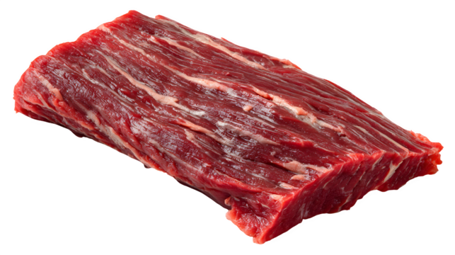 Raw flank steak, long strip, juicy fibers, 4K