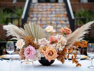 Elegant floral centerpiece with pastel roses, dried pampas grass, and autumn leaves on a neatly set round table with glassware and gold trimmed plates, blurred colorful stairs in background