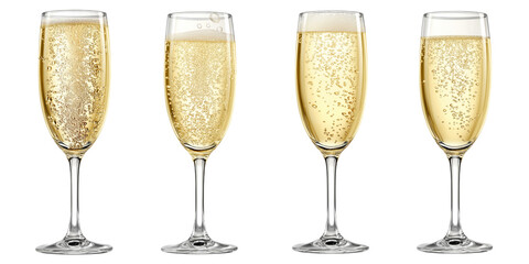 Four glasses of champagne with bubbles isolated on white background
