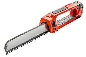 Hand Saw Isolated Close Up Sharp Silver Blade Orange Grip Cut Tool Teeth Carpentry Equipment on transparent background