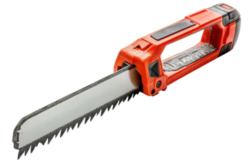 Hand Saw Isolated Close Up Sharp Silver Blade Orange Grip Cut Tool Teeth Carpentry Equipment on transparent background