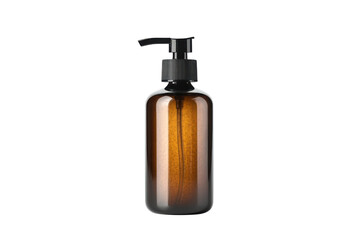 Elegant Amber Glass Bottle with Black Pump Dispenser Beauty Health Skincare Cosmetic Packaging on transparent background