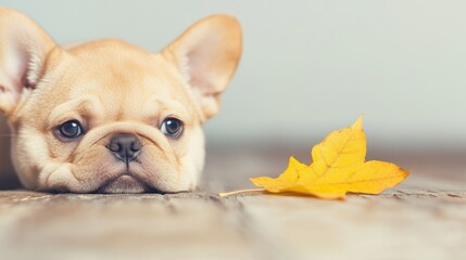 Cute dog resting with autumn leaf on wooden surface in cozy setting