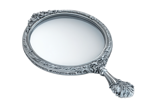 Silver hand mirror antique beauty reflection vintage ornate glamour elegance classic on transparent background