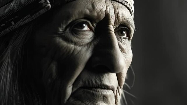 Close-up profile of senior Native American person wearing traditional headdress, black and white portrait showing cultural heritage and wisdom.