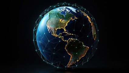 Digital glowing representation of Earth with illuminated continents interconnected by a network of bright blue lines over a dark background conveying global connectivity