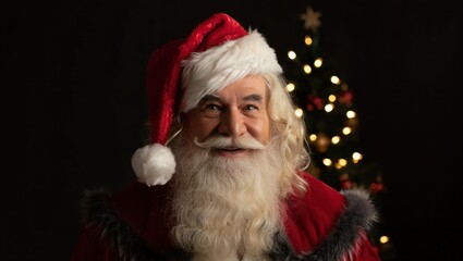 Smiling elderly man dressed as Santa Claus with white beard and red hat, Christmas tree with lights in the background, warm and joyful festive atmosphere