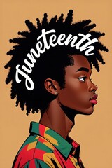 Side profile illustration of a young Black person with natural afro hair wearing a colorful shirt, the word Juneteenth displayed prominently over the hair, calm and proud expression