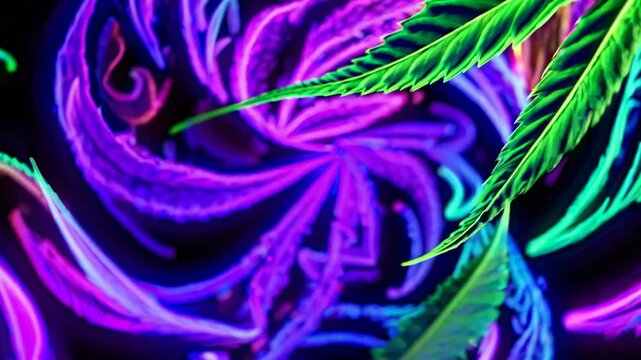 Top-down view of neon green cannabis leaves swirling against a black background, creating a psychedelic video effect with vibrant colors. Live desktop wallpaper. - Powered by Adobe