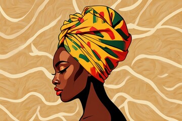 Profile of a confident woman with dark skin wearing a vibrant yellow patterned headwrap against an abstract beige background