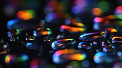 Close-up of water droplets reflecting vibrant multicolored lights on a dark surface creating a dreamy and abstract atmosphere