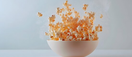 Popcorn exploding from a pink bowl against a light background in a dynamic food photography shot