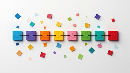 Colorful textured square tiles arranged in a row connected by a black line with smaller scattered squares around on a white background, evoking creativity and organization