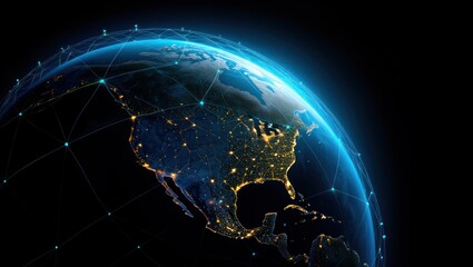 Digital network connections glowing over the United States and surrounding regions seen from space with illuminated city lights on Earth at night