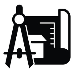 Drawing compass and house project solid icon, architect studio concept. Vector graphics. Compass with building plan sign on white background, style mobile or design.