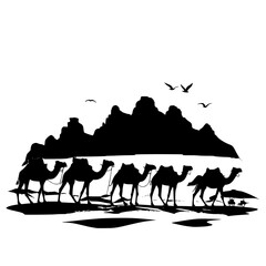 Desert with camel caravan silhouette