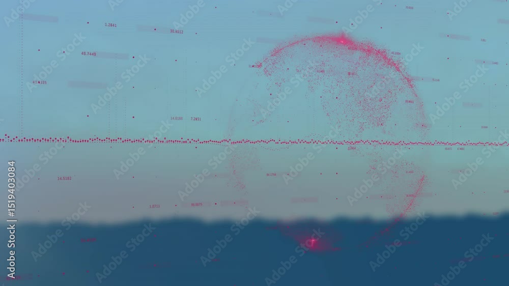 Poster starting with blue gradient and codes, red dots forming arc coalescing into sphere showing data