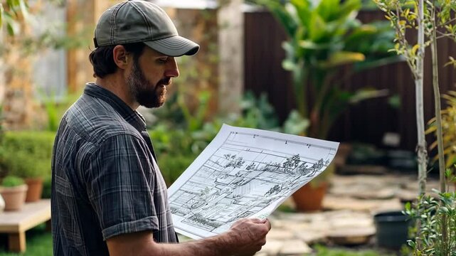 Man in a backyard, reviewing a landscape design sketch
