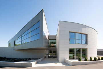 Modern building with geometric design and glass windows under blue sky