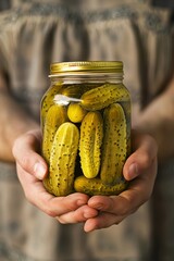 Hands holding a jar filled with pickles on a rustic background in a cozy kitchen