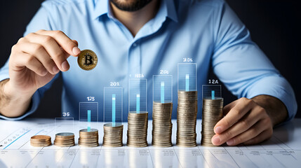 man stacks coins in columns, double exposure with graph and diagram. concept of counting savings