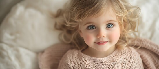 A portrait of a young girl with blonde curly hair and blue eyes lying on a white fluffy surface smiling