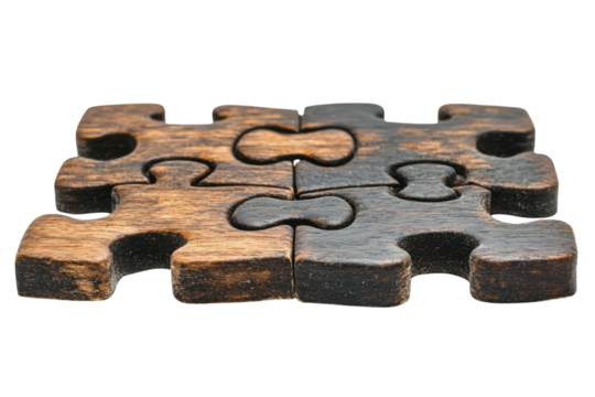 Wooden Jigsaw Puzzle Four Pieces Interlocked Together Strategy Concept Unity Togetherness on transparent background