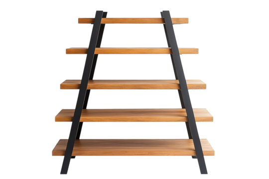 Modern Ladder Shelf Design Open Wooden Bookshelf Storage Unit with Black Metal Frame Rustic on transparent background
