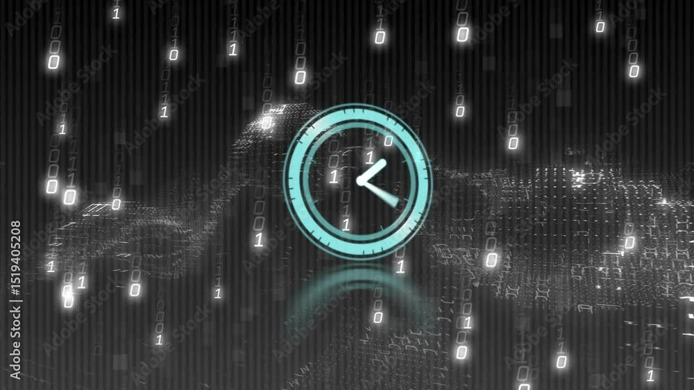 Poster teal clock icon fading in leading descending binary streams grid ring filling resetting shrinking
