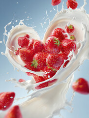 Juicy strawberries and milk splashes swirl mid-air into a heart shape. Clean pastel background, soft lighting, romantic, fresh, polished perfect for fruit or dairy advertising.