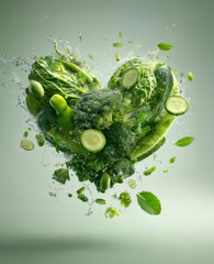 Obraz premium A vibrant mix of green vegetables lettuce, kale, spinach, green beans, broccoli, cucumbers, basil, and mint floating mid-air, swirling together into a heart shape, fresh and lively.