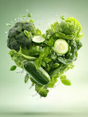 A vibrant mix of green vegetables lettuce, kale, spinach, green beans, broccoli, cucumbers, basil, and mint floating mid-air, swirling together into a heart shape, fresh and lively.