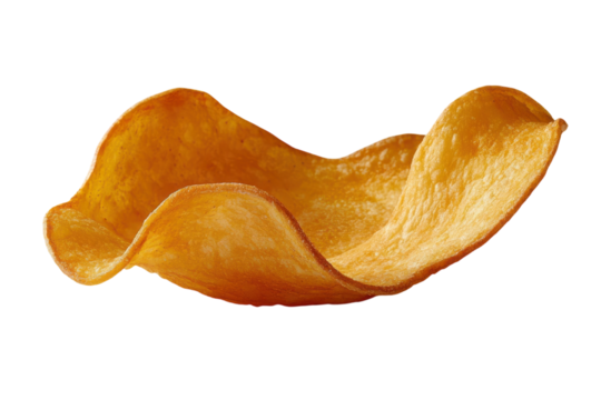 Crispy potato chip delight against black canvas an elegant macro detailing texture and golden on transparent background