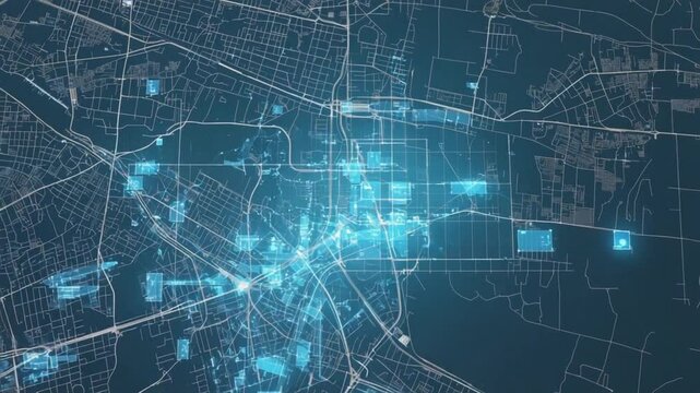 A futuristic city map interface evolves user revisits locations glowing markers data memories, past visits, emotional time-lapse overlays. neural network flows points of interest synapses firing brain - Powered by Adobe
