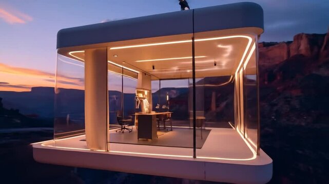Modern Glass Cabin In Canyon Sunset