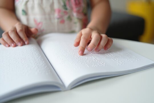 Close-up of a child's hands reading braille text on an open white book, with a blurred background showing the child's floral shirt and indoor setting