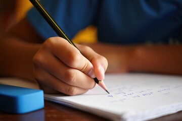 Close-up of a child’s hand writing with a pencil on a notebook with blue handwriting and an eraser nearby, capturing focus and concentration