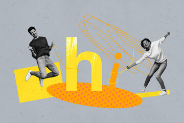 Pop zine 3d image collage of headless girl guy dance together weekend occasion hi letters greeting...