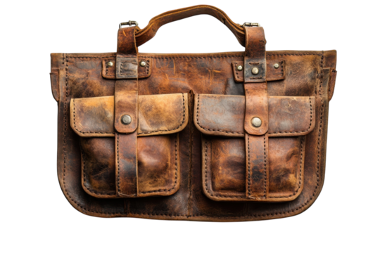 Distressed Leather Satchel Bag Vintage Style Artisan Crafted Rustic Design Old Fashioned on transparent background