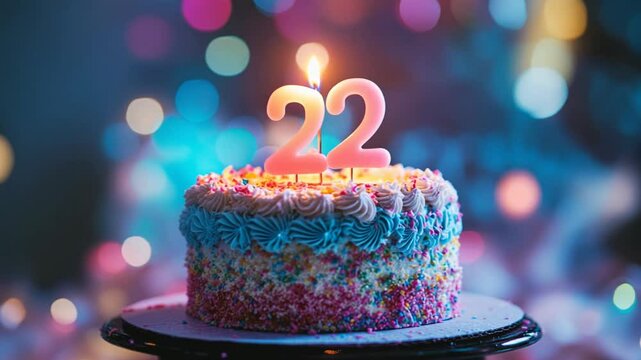 Celebrating a 22nd Birthday with a Colorful Cake and Candle in Festive Atmosphere