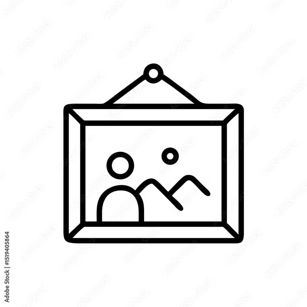 Poster artwork displayed on a wall featuring abstract figures and mountains in a minimalist style